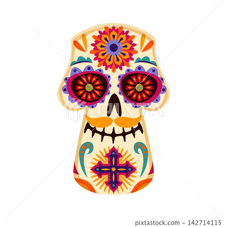 Mexican Calavera skull for Day of the Dead or Dia De Los Muertos holiday of Mexico. Cartoon Catrina Calavera sugar skull of skeleton face character with flower pattern and cross Mexican Halloween Mexican Calavera skull for Day of the Dead or Dia De Los Muertos holiday of Mexico. Cartoon Catrina Calavera sugar skull of skeleton face character with flower pattern and cross Mexican Halloween 142714115