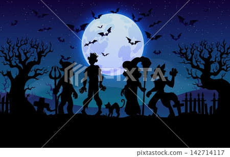 Halloween graveyard with scary monsters silhouettes. Night scene featuring dark zombie, witch, werewolf, devil, and black cat in graveyard. Scary vector graveyard for Halloween party decoration Halloween graveyard with scary monsters silhouettes. Night scene featuring dark zombie, witch, werewolf, devil, and black cat in graveyard. Scary vector graveyard for Halloween party decoration 142714117
