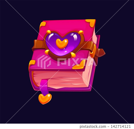 Book of magic love spell for Halloween holiday cartoon icon or witchcraft of fairy witch. Love spell magic book with crystal heart on pink cover for Halloween romantic wizard or Valentine diary Book of magic love spell for Halloween holiday cartoon icon or witchcraft of fairy witch. Love spell magic book with crystal heart on pink cover for Halloween romantic wizard or Valentine diary 142714121