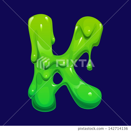 Halloween font of slime letters or booger green toxic melt type for English alphabet typeface. Cartoon spooky slime font letter K with liquid drips of alien monster or zombie gooey and melty drops Halloween font of slime letters or booger green toxic melt type for English alphabet typeface. Cartoon spooky slime font letter K with liquid drips of alien monster or zombie gooey and melty drops 142714136