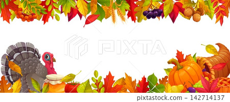 Happy Thanksgiving border frame with cornucopia and turkey, honey, pumpkins and holiday pie, autumn leaves, acorns. Vector fall background with leaves and food. Cartoon cute festival banner template Happy Thanksgiving border frame with cornucopia and turkey, honey, pumpkins and holiday pie, autumn leaves, acorns. Vector fall background with leaves and food. Cartoon cute festival banner template 142714137