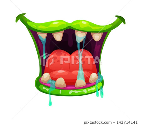 Cartoon green monster mouth with sharp teeth, red tongue, and blue dripping slime. Vector evil green lips frame open mouth revealing red spotted tongue, pink gums, and blue drool for spooky Halloween Cartoon green monster mouth with sharp teeth, red tongue, and blue dripping slime. Vector evil green lips frame open mouth revealing red spotted tongue, pink gums, and blue drool for spooky Halloween 142714141
