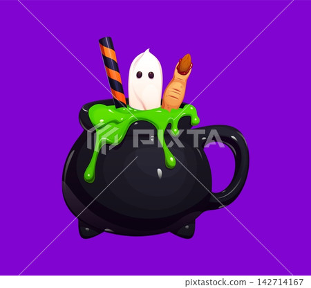 Cartoon Halloween dessert black cauldron mug and spicy coffee cup. Vector witch pot with green slime, ghost, striped straw and creepy finger. Spooky holiday drink and cute monster party beverage decor Cartoon Halloween dessert black cauldron mug and spicy coffee cup. Vector witch pot with green slime, ghost, striped straw and creepy finger. Spooky holiday drink and cute monster party beverage decor 142714167