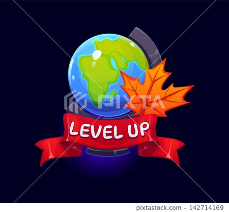 School and college education level up icon with earth globe and maple leaf. Cartoon schooling game award or level up rank and appreciation reward badge for winner GUI element of education game School and college education level up icon with earth globe and maple leaf. Cartoon schooling game award or level up rank and appreciation reward badge for winner GUI element of education game 142714169