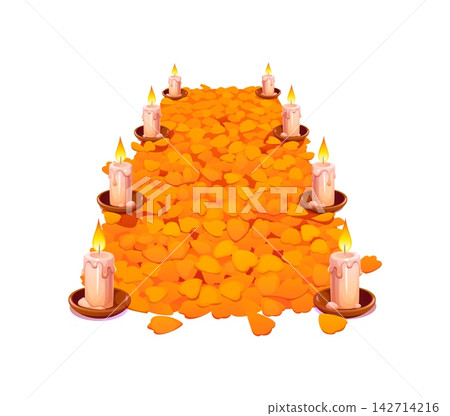 Marigold path golden road for Mexican Day of the Dead or Dia De Los Muertos holiday cartoon icons. Path of marigold flower petals with candles from graveyard to altar for Day of the Dead symbol icon Marigold path golden road for Mexican Day of the Dead or Dia De Los Muertos holiday cartoon icons. Path of marigold flower petals with candles from graveyard to altar for Day of the Dead symbol icon 142714216