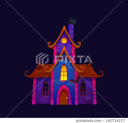 Halloween holiday cartoon haunted castle or house for spooky scary horror night icon. Halloween witch house or vampire dracula home with creepy bats flying in night sky for trick or treat party Halloween holiday cartoon haunted castle or house for spooky scary horror night icon. Halloween witch house or vampire dracula home with creepy bats flying in night sky for trick or treat party 142714217