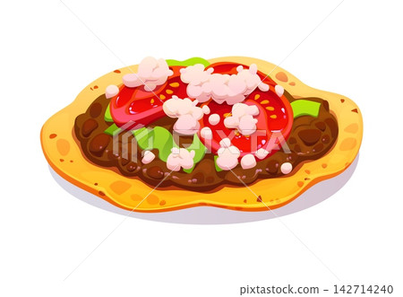 Chalupa tortilla of Mexican Day of the Dead or Dia De Los Muertos holiday food icon. Chalupa bread with meat, cheese and salsa for Mexican Day of the Dead traditional symbol and food dish icon Chalupa tortilla of Mexican Day of the Dead or Dia De Los Muertos holiday food icon. Chalupa bread with meat, cheese and salsa for Mexican Day of the Dead traditional symbol and food dish icon 142714240