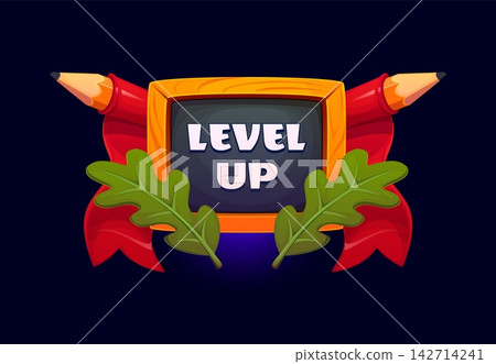 School level up icon for college education game rank or award appreciation and reward cartoon badge. Level up icon with pencils and oak leaves or red ribbon on chalkboard for school game achievement School level up icon for college education game rank or award appreciation and reward cartoon badge. Level up icon with pencils and oak leaves or red ribbon on chalkboard for school game achievement 142714241