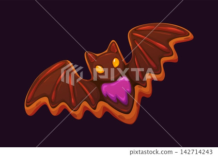Halloween sweets, cartoon chocolate bat candy or cookie for scary dessert. Halloween holiday monster pastry food, bat of chocolate biscuit with caramel or jelly candy for trick or treat sweets Halloween sweets, cartoon chocolate bat candy or cookie for scary dessert. Halloween holiday monster pastry food, bat of chocolate biscuit with caramel or jelly candy for trick or treat sweets 142714243