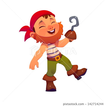Kid in Halloween costume of pirate cartoon character for scary party child personage. Funny cute boy or girl kid in pirate corsair costume with hook hand for Halloween trick or treat monster carnival Kid in Halloween costume of pirate cartoon character for scary party child personage. Funny cute boy or girl kid in pirate corsair costume with hook hand for Halloween trick or treat monster carnival 142714244