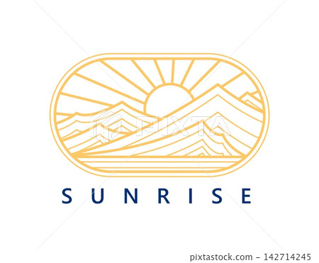 Sunrise luxury icon with outdoor landscape with mountains, lake and radiant sun beams, boho line art rounded badge for travel, outdoor adventure, wellness, tourism, nature and eco emblem or label Sunrise luxury icon with outdoor landscape with mountains, lake and radiant sun beams, boho line art rounded badge for travel, outdoor adventure, wellness, tourism, nature and eco emblem or label 142714245