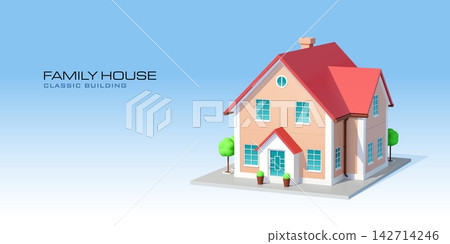 3D bank house building isometric icon, family house with red roof and beige walls. Countryside cottage property, real estate architecture home for mortgage and residential suburban comfort living 3D bank house building isometric icon, family house with red roof and beige walls. Countryside cottage property, real estate architecture home for mortgage and residential suburban comfort living 142714246