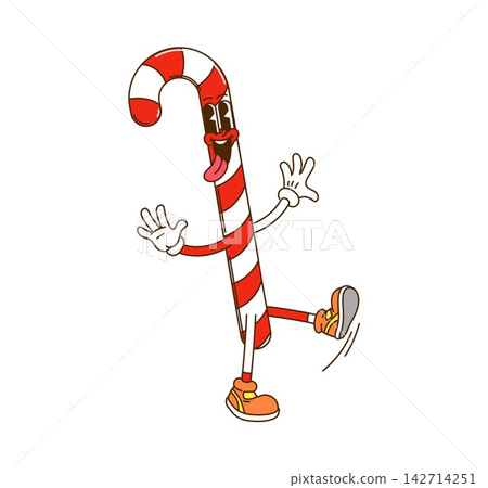 Cartoon candy cane retro groovy dessert and confectionery character. funny hippie sweet Christmas food confection personage with quirky smile, decorated with red and white stripes and wearing sneakers Cartoon candy cane retro groovy dessert and confectionery character. funny hippie sweet Christmas food confection personage with quirky smile, decorated with red and white stripes and wearing sneakers 142714251