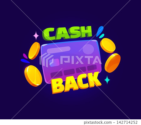 Cash back icon, cash back bonus banner with card and coins, representing money refund offers. Financial promotion for website or money save app, cashback reward for shopping sales or loyalty program 142714252