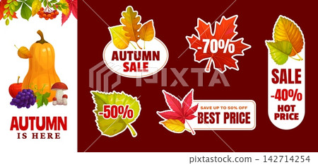 Autumn season sale tags and banners for fall price discount promotion and promo offer labels. Autumn sale tags with Thanksgiving pumpkins, harvest and leaves for holiday discount shopping stickers Autumn season sale tags and banners for fall price discount promotion and promo offer labels. Autumn sale tags with Thanksgiving pumpkins, harvest and leaves for holiday discount shopping stickers 142714254