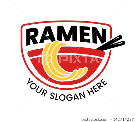 Ramen icon of Asian noodles or Japanese pasta bowl with chopsticks for Oriental cuisine restaurant emblem. Ramen sign with red bowl plate as shield and noodles for Japanese food or izakaya ramen bar Ramen icon of Asian noodles or Japanese pasta bowl with chopsticks for Oriental cuisine restaurant emblem. Ramen sign with red bowl plate as shield and noodles for Japanese food or izakaya ramen bar 142714257