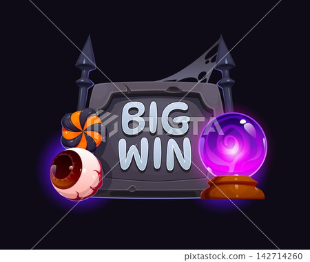 Halloween casino big win icon with cemetery tombstone for gambling game. Halloween casino game jackpot interface element with spooky zombie eye and lollipop candy or witch magic crystal ball Halloween casino big win icon with cemetery tombstone for gambling game. Halloween casino game jackpot interface element with spooky zombie eye and lollipop candy or witch magic crystal ball 142714260