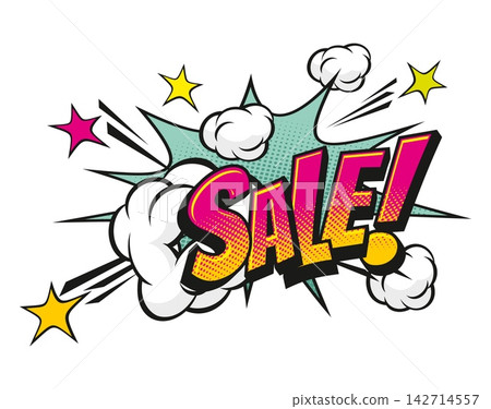 Sale comic speech bubble pop art sticker or tag. Sale offer speech balloon halftone label, price off splash effect bubble vector symbol. Discount comic text box with typography and splash effect Sale comic speech bubble pop art sticker or tag. Sale offer speech balloon halftone label, price off splash effect bubble vector symbol. Discount comic text box with typography and splash effect 142714557