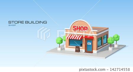 3d street shop or store building isometric icon, market facade, vector retail business. Realistic 3d street with grocery store, shop or supermarket building exterior with door, windows and awning 3d street shop or store building isometric icon, market facade, vector retail business. Realistic 3d street with grocery store, shop or supermarket building exterior with door, windows and awning 142714558