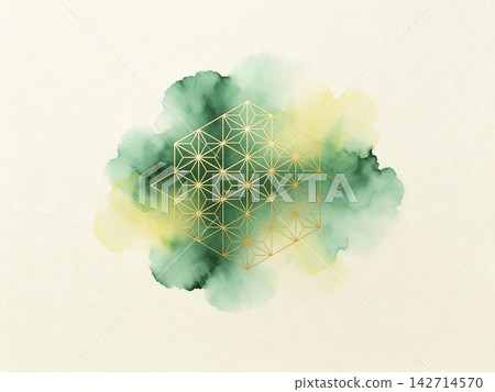 A green and gold washi paper background featuring a fusion of hemp leaf pattern and hexagonal geometric grid. A green and gold washi paper background featuring a fusion of hemp leaf pattern and hexagonal geometric grid. 142714570