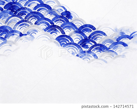 A deep blue white washi paper background featuring the traditional Seigaiha wave pattern and minimalist geometric lines. A deep blue white washi paper background featuring the traditional Seigaiha wave pattern and minimalist geometric lines. 142714571