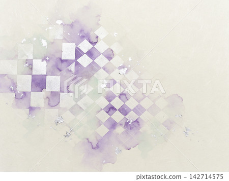 紫色和綠色的和紙背景,融合了棋盤格圖案和菱形幾何網格。 紫色和綠色的和紙背景,融合了棋盤格圖案和菱形幾何網格。 142714575
