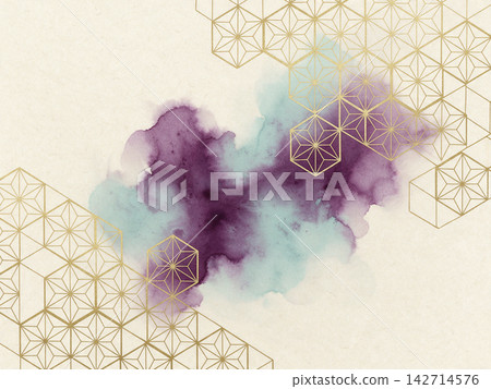 紫色和藍色的和紙背景，融合了麻葉圖案和六邊形幾何網格。 142714576