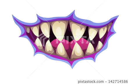 Cartoon scary monster mouth with pointed teeth and slimy tongue. Vector open monster jaw with sharp teeth and pink gums. Evil grin of an undead creature in purple and pink tones for Halloween holiday Cartoon scary monster mouth with pointed teeth and slimy tongue. Vector open monster jaw with sharp teeth and pink gums. Evil grin of an undead creature in purple and pink tones for Halloween holiday 142714586