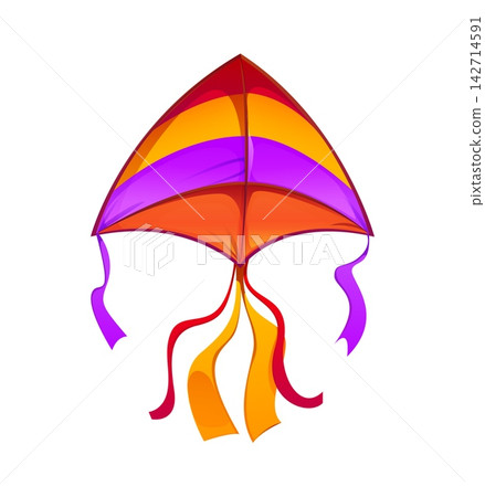 Festive cartoon paper triangular kite decorated with orange, red, and purple ribbon stripes. Makar Sankranti holiday isolated vector kite, kids outdoor sports cartoon flying toy or colorful paper wing Festive cartoon paper triangular kite decorated with orange, red, and purple ribbon stripes. Makar Sankranti holiday isolated vector kite, kids outdoor sports cartoon flying toy or colorful paper wing 142714591