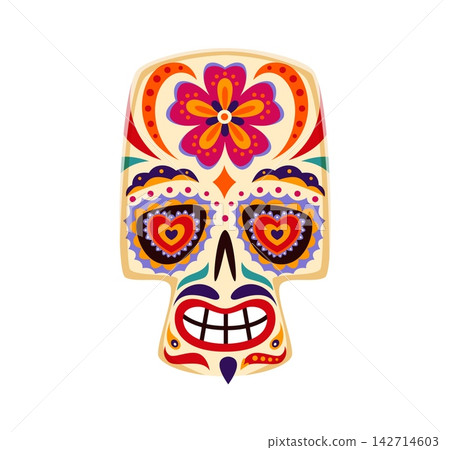 Sugar skull of Day of the Dead or Mexican Halloween and Dia De Los Muertos. Cartoon Catrina calavera skull of skeleton face character with flower pattern for Mexican holiday celebration festival Sugar skull of Day of the Dead or Mexican Halloween and Dia De Los Muertos. Cartoon Catrina calavera skull of skeleton face character with flower pattern for Mexican holiday celebration festival 142714603
