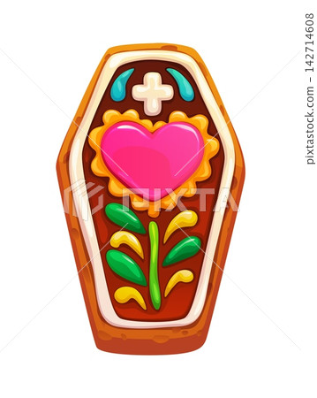 Cartoon sugar cookie in coffin shape with marigold flower and heart. Sweet frosted biscuit for Mexican Day of the Dead celebration and Halloween event. Traditional Mexican sugar biscuit Cartoon sugar cookie in coffin shape with marigold flower and heart. Sweet frosted biscuit for Mexican Day of the Dead celebration and Halloween event. Traditional Mexican sugar biscuit 142714608