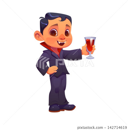 Cartoon kid in Halloween party count Dracula costume. Scary party children personage. Cute boy dressed as vampire. Isolated vector child character with fangs, dark suit and raised glass of red drink Cartoon kid in Halloween party count Dracula costume. Scary party children personage. Cute boy dressed as vampire. Isolated vector child character with fangs, dark suit and raised glass of red drink 142714619