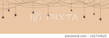 Spider border. Black silhouette spider and web illustration. Horror banner for Halloween parties 142714620
