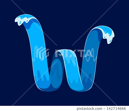 Cartoon ocean wave font letter W, sea water surf typeface. Two flowing water streams with foamy white tips and rippling blue surface curve into wide letter W. Dynamic surf letter W for kids posters Cartoon ocean wave font letter W, sea water surf typeface. Two flowing water streams with foamy white tips and rippling blue surface curve into wide letter W. Dynamic surf letter W for kids posters 142714666