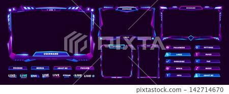 Game overlay stream window frames, buttons and neon panels, live video technology screen interface. Gamer of streamer vector UI elements, digital overlay menu panels, online game, video window frames 142714670