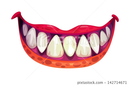 Cartoon monster mouth with long fangs and wet orange pink lips. Vector Halloween monster grin with slimy lips and pink gums for scary party. Evil monster smile vampire character Cartoon monster mouth with long fangs and wet orange pink lips. Vector Halloween monster grin with slimy lips and pink gums for scary party. Evil monster smile vampire character 142714671