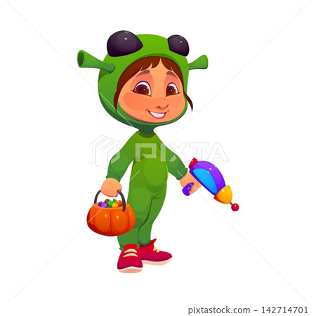 Cartoon kid in Halloween party green alien costume. Scary and happy girl personage holding ray gun and pumpkin candy bucket. Vector child character in fantasy monster dress for trick or treat party Cartoon kid in Halloween party green alien costume. Scary and happy girl personage holding ray gun and pumpkin candy bucket. Vector child character in fantasy monster dress for trick or treat party 142714701