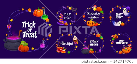 Happy Halloween holiday frames with cartoon pumpkins, potion cauldron, ghosts and spooky sweets. Festive photo borders set with witch hat and bats for posters, social media posts and party decorations Happy Halloween holiday frames with cartoon pumpkins, potion cauldron, ghosts and spooky sweets. Festive photo borders set with witch hat and bats for posters, social media posts and party decorations 142714703