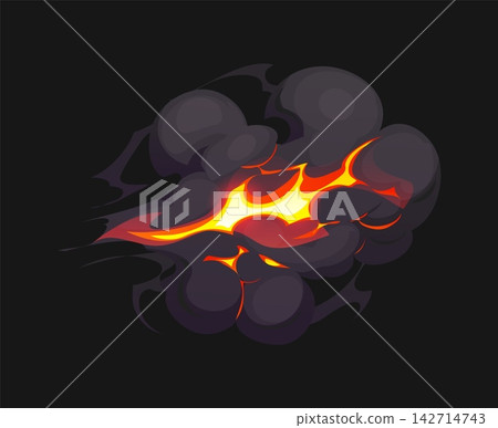 Cartoon fiery blast with bright flame streak and dark smoke cloud. Explosive arcade game effect with burning energy trail, comic action element for battle, magic and animation. Vector 2d ui attack Cartoon fiery blast with bright flame streak and dark smoke cloud. Explosive arcade game effect with burning energy trail, comic action element for battle, magic and animation. Vector 2d ui attack 142714743