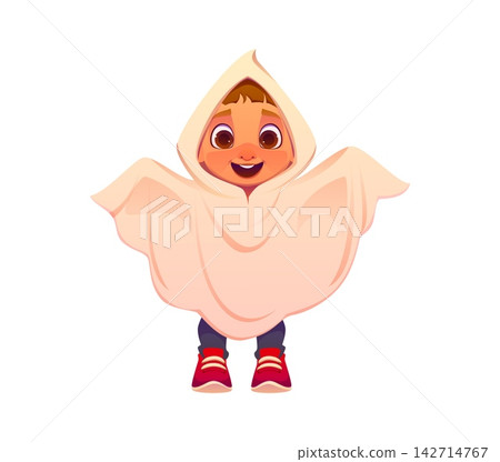Cartoon kid in Halloween party ghost costume. Scary party children personage. Vector happy boy dressed as cute spook in hooded white sheet. Isolated vector chibi child character for trick or treat 142714767