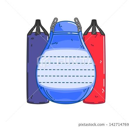 Boxing punching bag, fighting sport club kids memo note frame. Fighting equipment child schedule frame, boxing vector sticker. Sport club planner memo note with blue and red color boxer punching bags 142714769