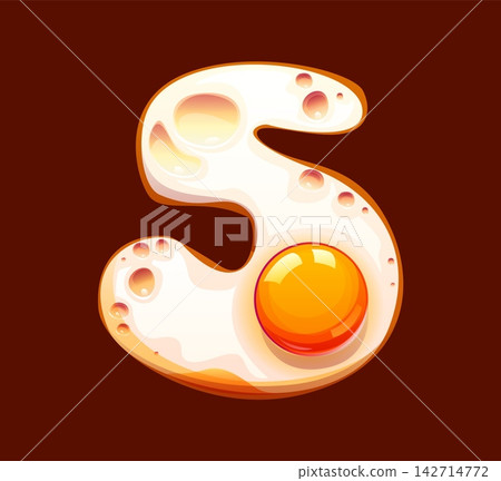 Cartoon cooked egg yolk breakfast ABC font, typeface number 5 five. Cooked egg breakfast font numeral symbol, healthy food typeface vector digit. Yolk and white typography number figure 142714772