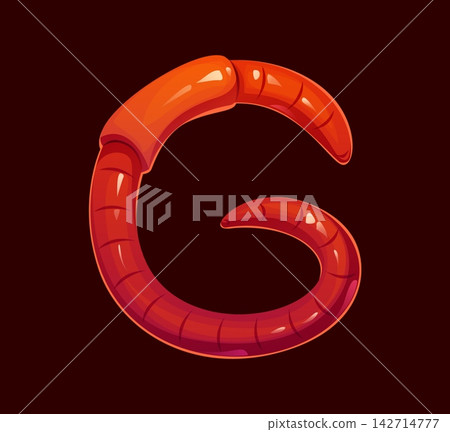 Camping font, travel earthworm G letter typeface, hiking ABC English type alphabet. Hiking cartoon vector typeset, travel alphabet letter. Camping font type with red earthworm, fishing bait 142714777