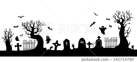 Halloween haunted cemetery and graveyard vector silhouette with spooky ghosts, gravestones, crooked trees and fence, flying bats and zombie hands. Halloween graveyard scene, night monster silhouettes Halloween haunted cemetery and graveyard vector silhouette with spooky ghosts, gravestones, crooked trees and fence, flying bats and zombie hands. Halloween graveyard scene, night monster silhouettes 142714780