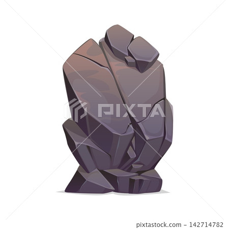 Cartoon massive black rock stone and desert mountain, vector boulder and cliff with angular cracks, rough broken texture. Wild mountain outcrop for rocky terrain and isolated Wild West game landscape Cartoon massive black rock stone and desert mountain, vector boulder and cliff with angular cracks, rough broken texture. Wild mountain outcrop for rocky terrain and isolated Wild West game landscape 142714782