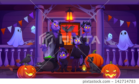 Halloween porch with monsters family characters, pumpkins, cauldron, flying ghosts and bats. Vector spooky family characters standing with lantern, cobweb and crow on Halloween haunted house porch Halloween porch with monsters family characters, pumpkins, cauldron, flying ghosts and bats. Vector spooky family characters standing with lantern, cobweb and crow on Halloween haunted house porch 142714783
