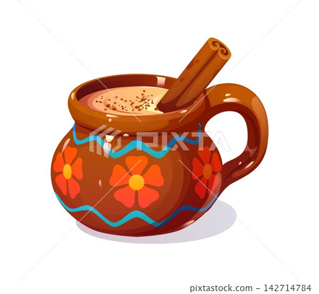 Cartoon Mexican Day of the Dead spiced hot Vanilla atole drink served in painted clay mug with cinnamon stick and spice dusting. Isolated vector Dia de los Muertos holiday Warm masa beverage icon Cartoon Mexican Day of the Dead spiced hot Vanilla atole drink served in painted clay mug with cinnamon stick and spice dusting. Isolated vector Dia de los Muertos holiday Warm masa beverage icon 142714784