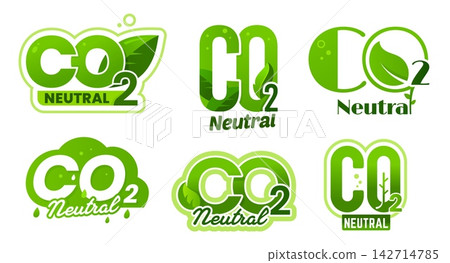 Co2 carbon neutral vector icons, zero dioxide emission pictogram labels. Sustainability, clean energy and carbon neutrality, renewable resources, climate care badges. Green eco environment emblems 142714785