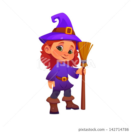 Cartoon kid in Halloween party costume of witch, scary party children personage. Cute girl with pointed hat, purple robe and broom. Vector chibi child magical character for trick or treat festival Cartoon kid in Halloween party costume of witch, scary party children personage. Cute girl with pointed hat, purple robe and broom. Vector chibi child magical character for trick or treat festival 142714786