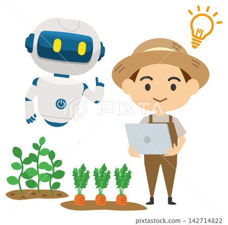 An illustration depicting a farmer using AI to improve efficiency. An illustration depicting a farmer using AI to improve efficiency. 142714822